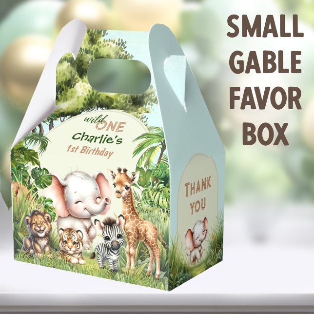Caja Para Regalos Selva Safari Jungle Animals Wild One 1er cumpleaño (Wild One Safari Small Gable Favor Boxes - You can choose from 3 sizes of these gable favor boxes)