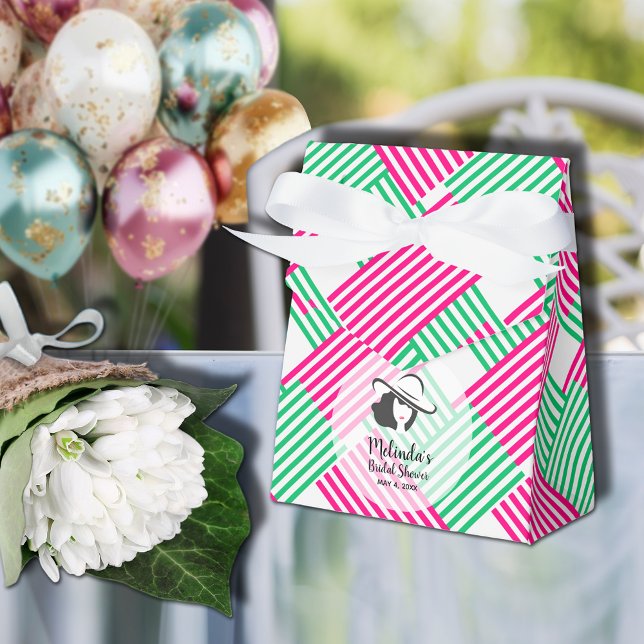 Caja Para Regalos Señora Sombrero Derby Rosa Caliente Verde Rayas Ca (Big Derby hat lady on hot pink and green diagonal stripes ribboned tent style shower favor boxes)