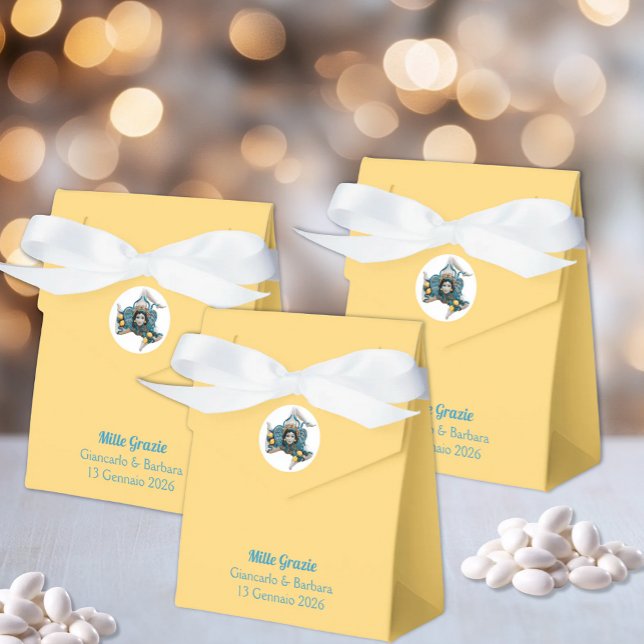 Caja Para Regalos Símbolo de Sicilia Trinacria Medusa Amarillo Sicil (Trinacria Symbol of Sicily Yellow Tent Favor Box for Italian Sicilian Weddings)
