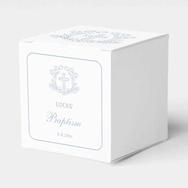 Caja Para Regalos Simple Floral Light Blue Cross Baptism Cube (Costado Anverso)