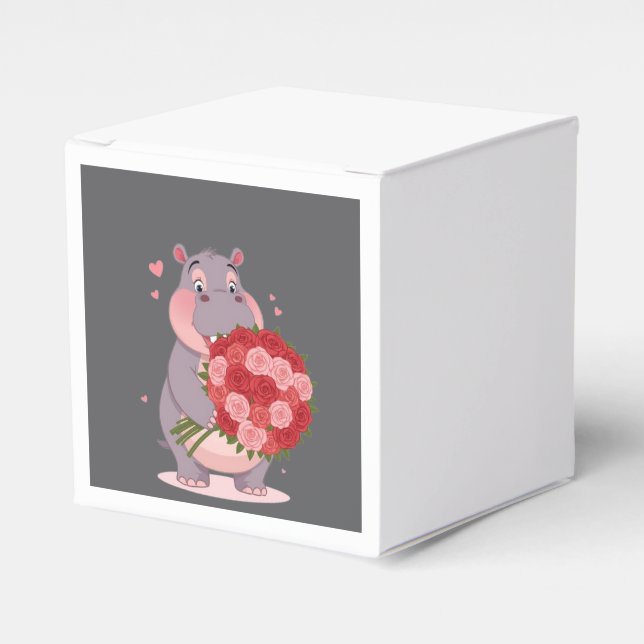 Caja Para Regalos Smiling cartoon hippo holding a huge bouquet (Costado Anverso)