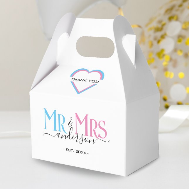 Caja Para Regalos Sr. y Sra. Newlyw Wedding Favor Gracias (pink & blue mr and mrs thank you wedding favor box)