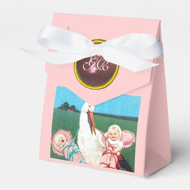 CAJA PARA REGALOS STORK TWIN BEBÉ CHICA DUCHA PINK GEM MONOGRAM (Front Side)