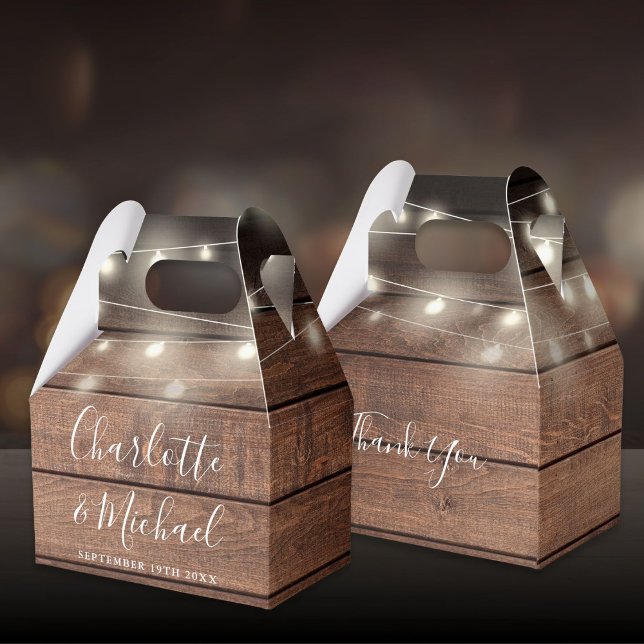 Caja Para Regalos String Lights Rustic Wood Signature Boda de guione (String Lights Rustic Wood Signature Script Wedding Favor Boxes)
