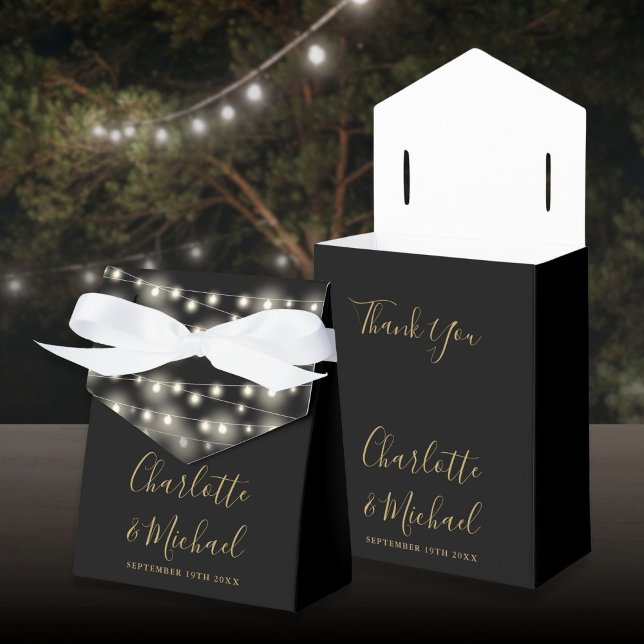 Caja Para Regalos String Lights Signature Script Black Gold Boda (String Lights Signature Script Black Gold Wedding Favor Boxes)