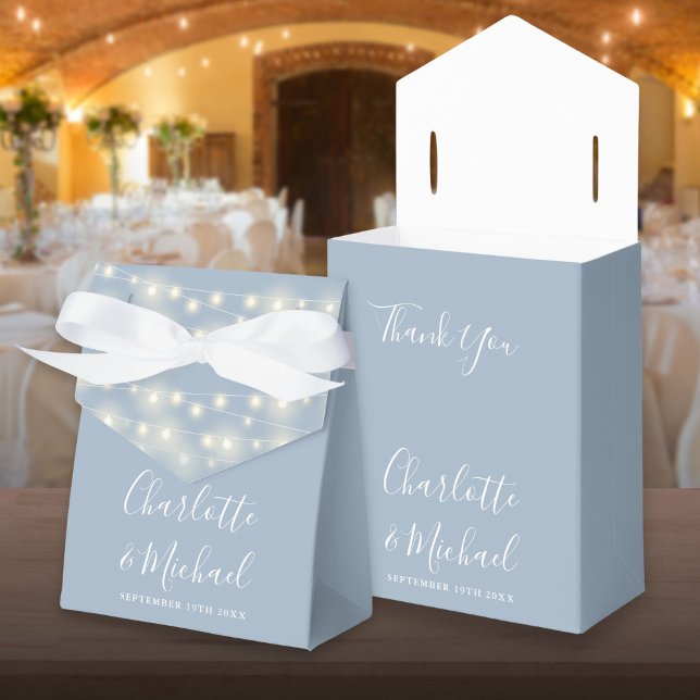 Caja Para Regalos String Lights Signature Script Dusty Blue Boda (String Lights Signature Script Dusty Blue Wedding Favor Box)