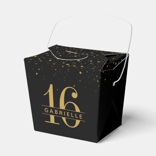 Caja Para Regalos Sweet 16 Black Gold Confetti Personalizado (Front Side)