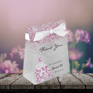 Caja Para Regalos Sweet 16 silver pink glitter dress thank you