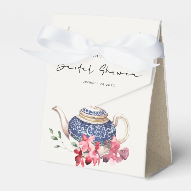 Caja Para Regalos Teapot azul rojo Floral Bridal Shower Tea Fiesta (Front Side)