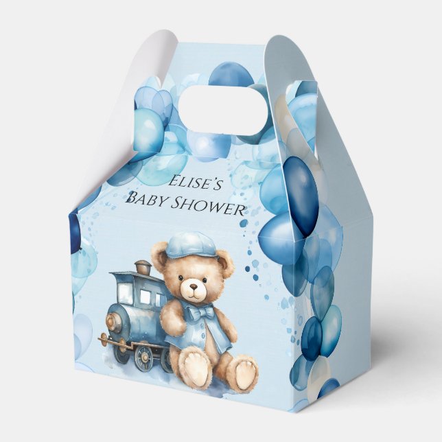 Caja Para Regalos Teddy Bear Blue Train Boy Baby Shower (Front Side)
