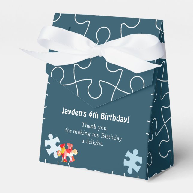 Caja Para Regalos Tema de rompecabezas divertido 4to cumpleaños azul (Front Side)