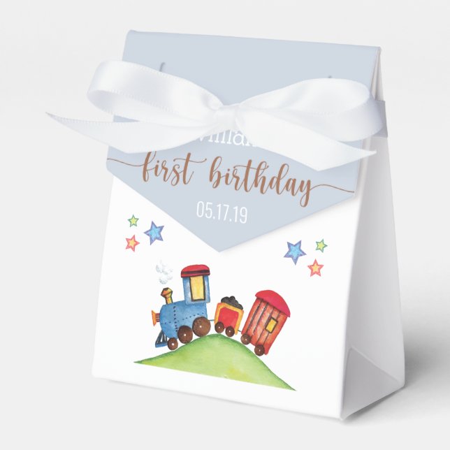 Caja Para Regalos Tren Rojo Azul Primer Fiesta de Cumpleaños Gracias (Front Side)