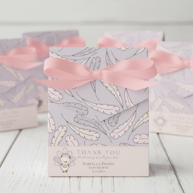 Caja Para Regalos Turquía rosa y plumas caen Chica Baby Shower (Little Turkey Feathers Thanksgiving Baby Shower for Fall or Autumn. Cute Gingham Feather Pattern)