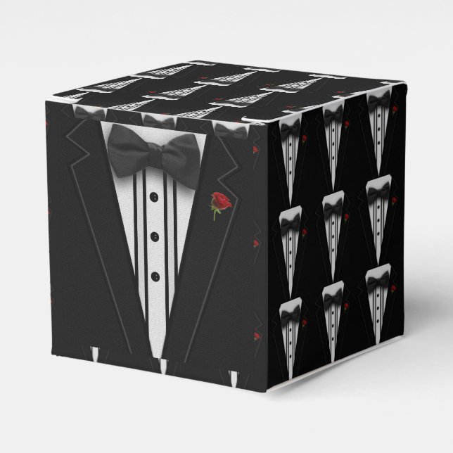 Caja Para Regalos Tuxedo negro con corbata (Costado Anverso)