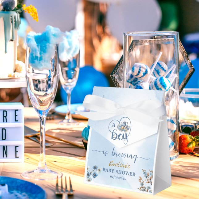 Caja Para Regalos Un niño prepara un Fiesta de té Baby Shower (blue teapot filled with pastel florals, charming blueberries, golden branches, eucalyptus sprigs, )