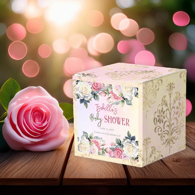 Caja Para Regalos Un pequeño Rosa Chica Floral Baby Shower Gracias (Pink Rose Floral Bouquets Girl Baby Shower Favor Box -- A Little Rose Collection)