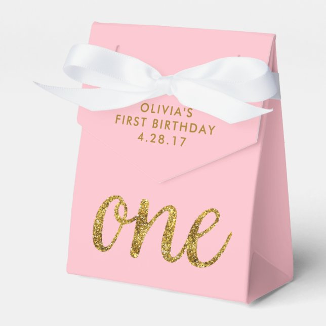 Caja Para Regalos Un Purpurina primer cumpleaños, rosado y oro (Front Side)
