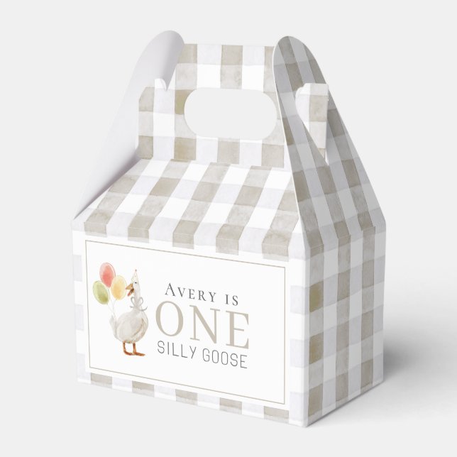 Caja Para Regalos Un tonto Goose Greige Gingham Primer Cumpleaños (Front Side)