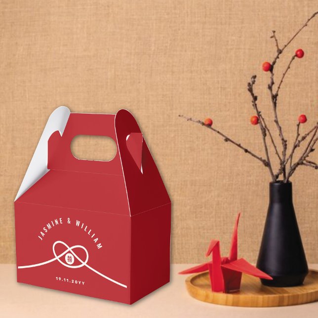 Caja Para Regalos Unión de nudos rojos doble felicidad Boda chino (Red/Ivory Knot Union Double Happiness Minimalist Chinese Wedding Party Favor Box @ fatfatin_red_knot)