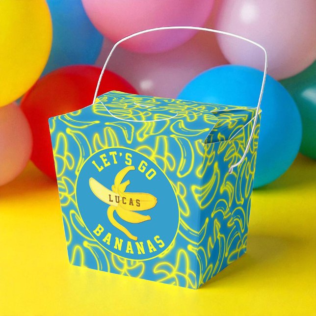 Caja Para Regalos Vamos Fiesta de plátanos (Bright ‘Let’s Go Bananas’ favor box with neon fruit pattern and custom name.)