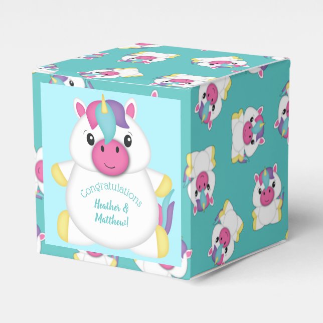 Caja Para Regalos Verde azulado de Baby Shower de Unicorn (Costado Anverso)