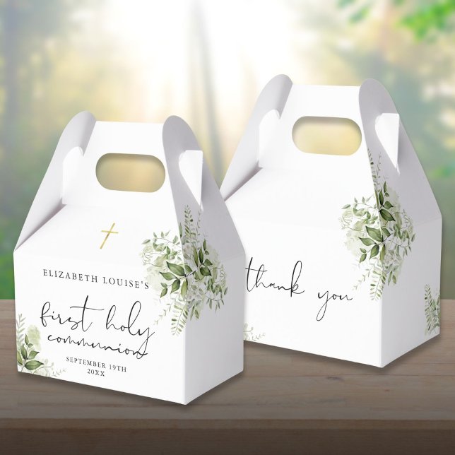 Caja Para Regalos Verde Rústico Elegante Primera Comunión Sagrada (Rustic Greenery Elegant First Holy Communion Favor Boxes)