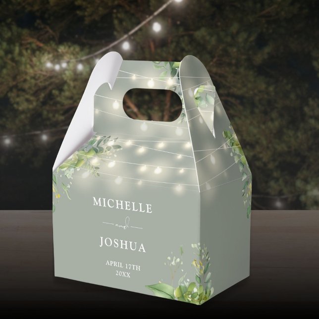 Caja Para Regalos Verdor Floral String Luces Sage Green Boda (Greenery Floral String Lights Sage Green Wedding Favor Boxes)