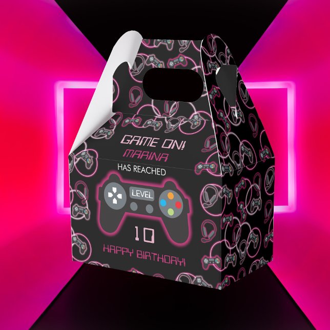 Caja Para Regalos Videojuego Neon Pink Girls Birday Party (Video Game Neon Pink Girls Birthday Party Favor Box)