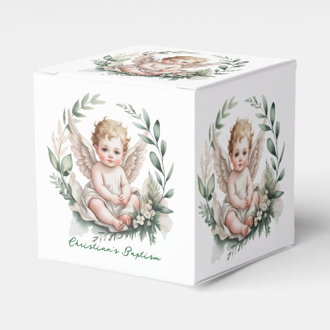 Caja Para Regalos Watercolor Angel Wings Baptism Green (Costado Anverso)
