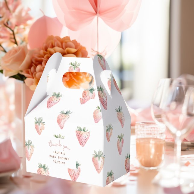 Caja Para Regalos Watercolor Berry Sweet Baby Shower Gracias (thank you gift box with pink coquette watercolor srawberries for a berry sweet baby shower party)