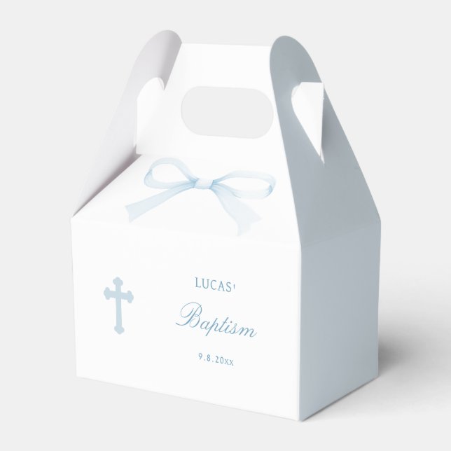 Caja Para Regalos Watercolor Blue Bow Baptism Small Gable (Front Side)