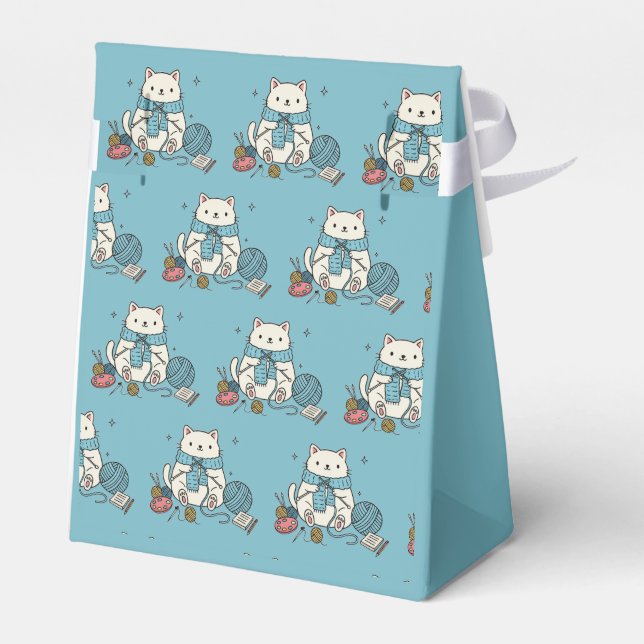 Caja Para Regalos Whimsical White Cat Knitting Hobby Graphic Design (Reverso)