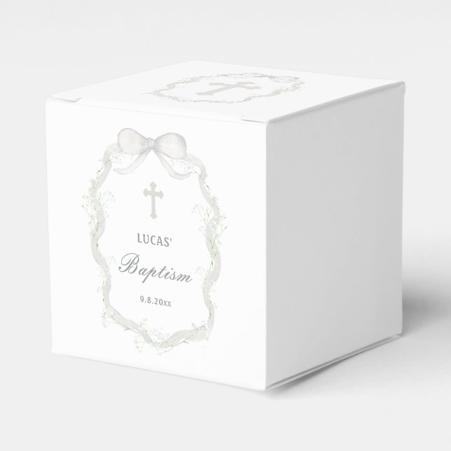 Caja Para Regalos White Ribbon Baby's Breath Baptism Cube (Costado Anverso)