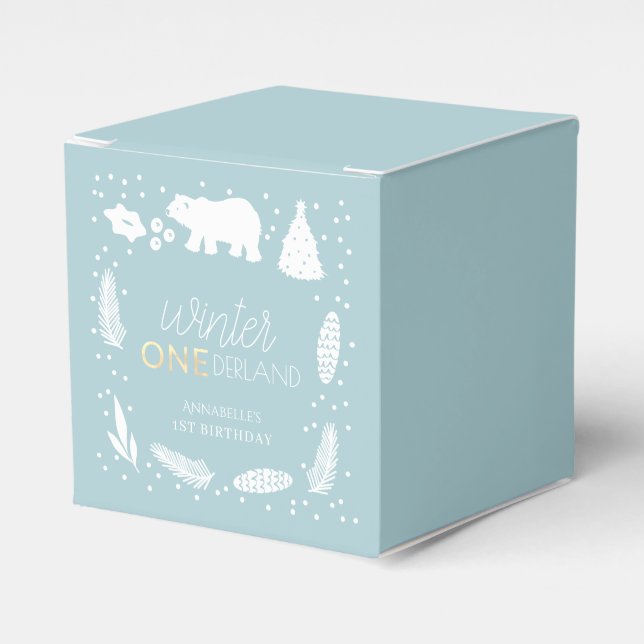 Caja Para Regalos Winter ONEderland Oso Polar Azul Primer cumpleaños (Costado Anverso)