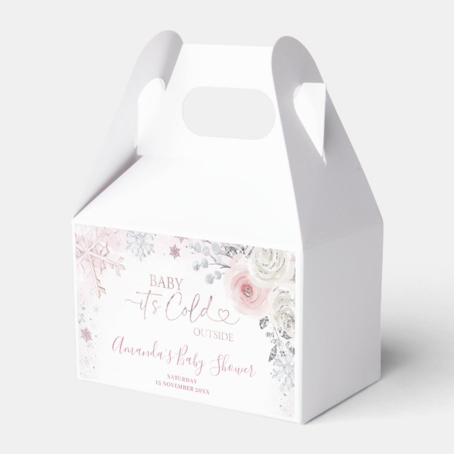 Caja Para Regalos Winter Pastel Pink Snowflake Sleigh Baby Shower (Front Side)