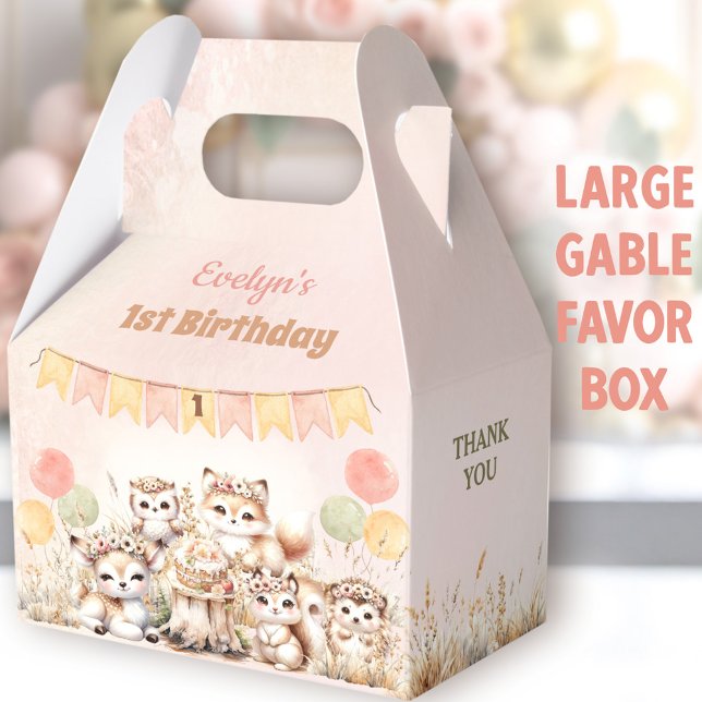 Caja Para Regalos Woodland Animals Boho Chica 1er cumpleaños grande (Woodland Animals Large Gable Favor Boxes - You can choose from 3 sizes of these gable favor boxes)