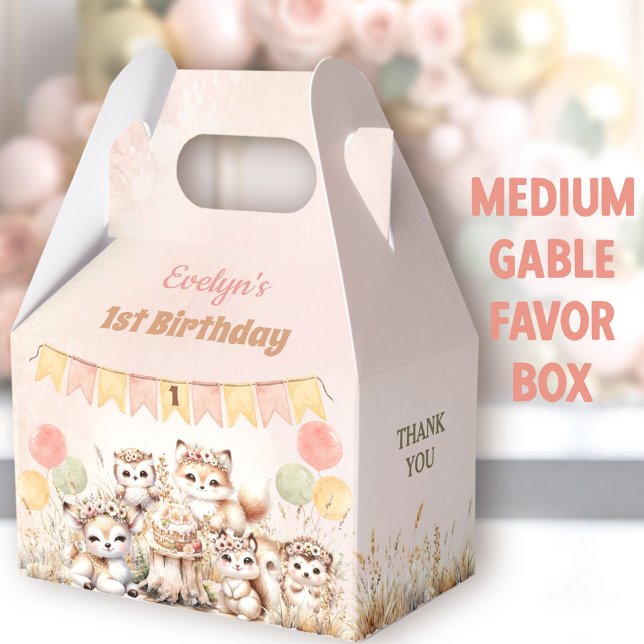Caja Para Regalos Woodland Animals Boho Chica primer cumpleaños medi (Woodland Animals Medium Gable Favor Boxes - You can choose from 3 sizes of these gable favor boxes)