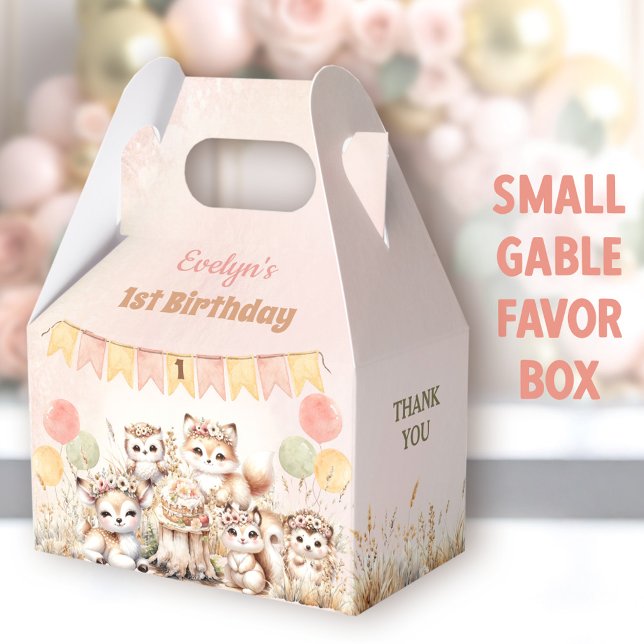 Caja Para Regalos Woodland Animals Boho Pastel Chica Primer cumpleañ (Woodland Animals Small Gable Favor Boxes - You can choose from 3 sizes of these gable favor boxes)