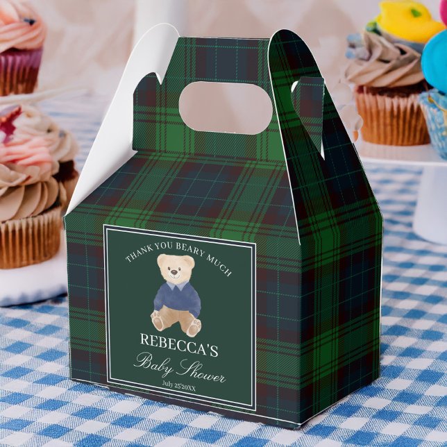 Caja Para Regalos Ya podemos esperar a la clásica ducha de bebé de f (We can bearly wait classic green plaid polo teddy bear baby shower favors personalized favor boxes)