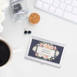 Caja Para Tarjetas De Visita Antiguo Rubor Floral y Marina<br><div class="desc">El elegante titular de la tarjeta de visita floral incluye su nombre y/o nombre de negocios enmarcado por un borde de flores acuáticas exuberantes de color rosa,  verde salvia,  melocotón y crema,  sobre un rico fondo azul marino a medianoche. También están disponibles tarjetas de visita y accesorios de juego.</div>