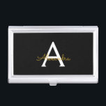 Caja Para Tarjetas De Visita Black Gold Modern Script Girly Monograma Nombre<br><div class="desc">Monograma de escritura simple negro y dorado Nombre titular de tarjeta de visita. Esto hace que el dulce perfecto cumpleaños 16,  boda,  ducha de novia,  aniversario,  ducha de bebé o fiesta de soltera sea regalo para alguien que ama el lujo glam y los estilos de moda.</div>