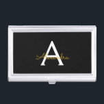 Caja Para Tarjetas De Visita Black Gold Modern Script Girly Monograma Nombre<br><div class="desc">Monograma de escritura simple negro y dorado Nombre titular de tarjeta de visita. Esto hace que el dulce perfecto cumpleaños 16,  boda,  ducha de novia,  aniversario,  ducha de bebé o fiesta de soltera sea regalo para alguien que ama el lujo glam y los estilos de moda.</div>