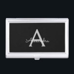 Caja Para Tarjetas De Visita Black Silver Modern Script Girly Monograma Nombre<br><div class="desc">Monograma de escritura simple negro y plateado Nombre de tarjeta de presentación. Esto hace que el dulce perfecto cumpleaños 16,  boda,  ducha de novia,  aniversario,  ducha de bebé o fiesta de soltera sea regalo para alguien que ama el lujo glam y los estilos de moda.</div>