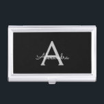 Caja Para Tarjetas De Visita Black Silver Modern Script Girly Monograma Nombre<br><div class="desc">Monograma de escritura simple negro y plateado Nombre de tarjeta de presentación. Esto hace que el dulce perfecto cumpleaños 16,  boda,  ducha de novia,  aniversario,  ducha de bebé o fiesta de soltera sea regalo para alguien que ama el lujo glam y los estilos de moda.</div>