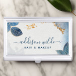 Caja Para Tarjetas De Visita Blue Gold Watercolor Hojas Botánicas<br><div class="desc">Estuche Blue Gold Watercolor Botanical Leaves con tarjeta de visita. Perfecto para un salón de belleza,  peluquería,  maquillador o cosmetólogo.</div>