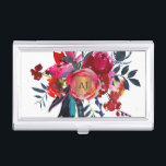 Caja Para Tarjetas De Visita Cuadrado de cobre de glam de color de agua floral<br><div class="desc">Lujoso y glamoroso titular de una tarjeta profesional profesional monogramada de estilo bohemio con un gran ramo pintado a mano con peonías de borgoñas rosa / rojo de coral y flores con plumas y follaje azul oceánico profundo y una etiqueta geométrica cuadrada de aspecto metálico de cobre beige brillante. Ideal...</div>