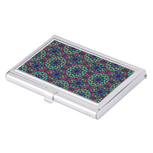 Caja Para Tarjetas De Visita Diseño geométrico azul verde y violeta de mandala