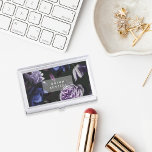 Caja Para Tarjetas De Visita Elegant Dark Violet Floral | Personalized<br><div class="desc">Personalize this chic business card holder with your name or business name for an elegant way to store your cards. Design features pale lavender purple roses and deep indigo blue peonies on a dark and dramatic background. Add your custom text in modern white lettering. Makes a beautiful gift for graduations...</div>