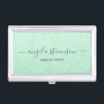Caja Para Tarjetas De Visita Elegante artista moderno de maquillaje de purpurin<br><div class="desc">Diseño moderno con una textura purpurina de color verde a la menta con un elegante tipo de letra caligráfica.</div>