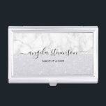 Caja Para Tarjetas De Visita Elegante artista moderno de maquillaje purpurina d<br><div class="desc">Diseño moderno con textura falsa purpurina,  mármol blanco y elegante fuente caligráfica.</div>